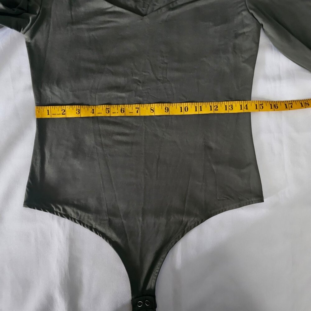 Reoria Women's Gray/Green Sweetheart Neck Long Sleeve Thong Bodysuit Size Large - Picture 7 of 11